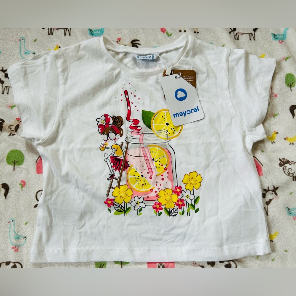 7, Mayoral White Short Sleeve Tee with Cartoon Print NWT